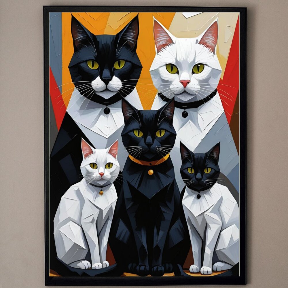 Stylish Cat Family Art – Bold, Colorful Design for Home Decor-11x17 Framed